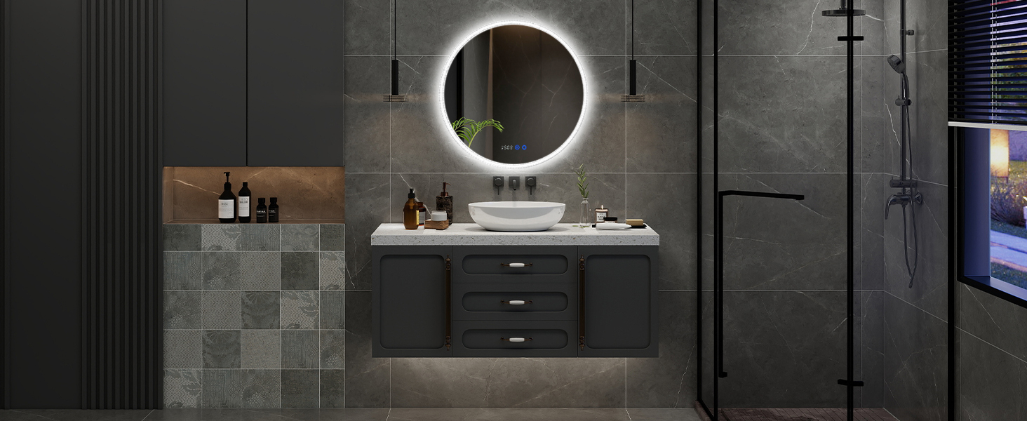 Дзеркало для ванної кімнати YOURLITE з підсвічуванням, 60 см, LED, сенсорне керування, 3 кольори, регулювання яскравості, протизапітніння, функція пам'яті, годинник, білий (сріблястий)