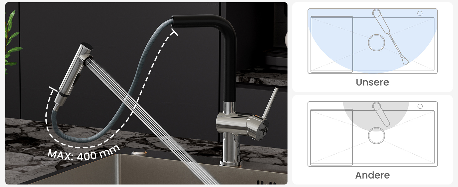 Змішувач для кухні CECIPA X203B чорного кольору з висувною насадкою, поворотний на 360°, з двома типами струменя, з нержавіючої сталі