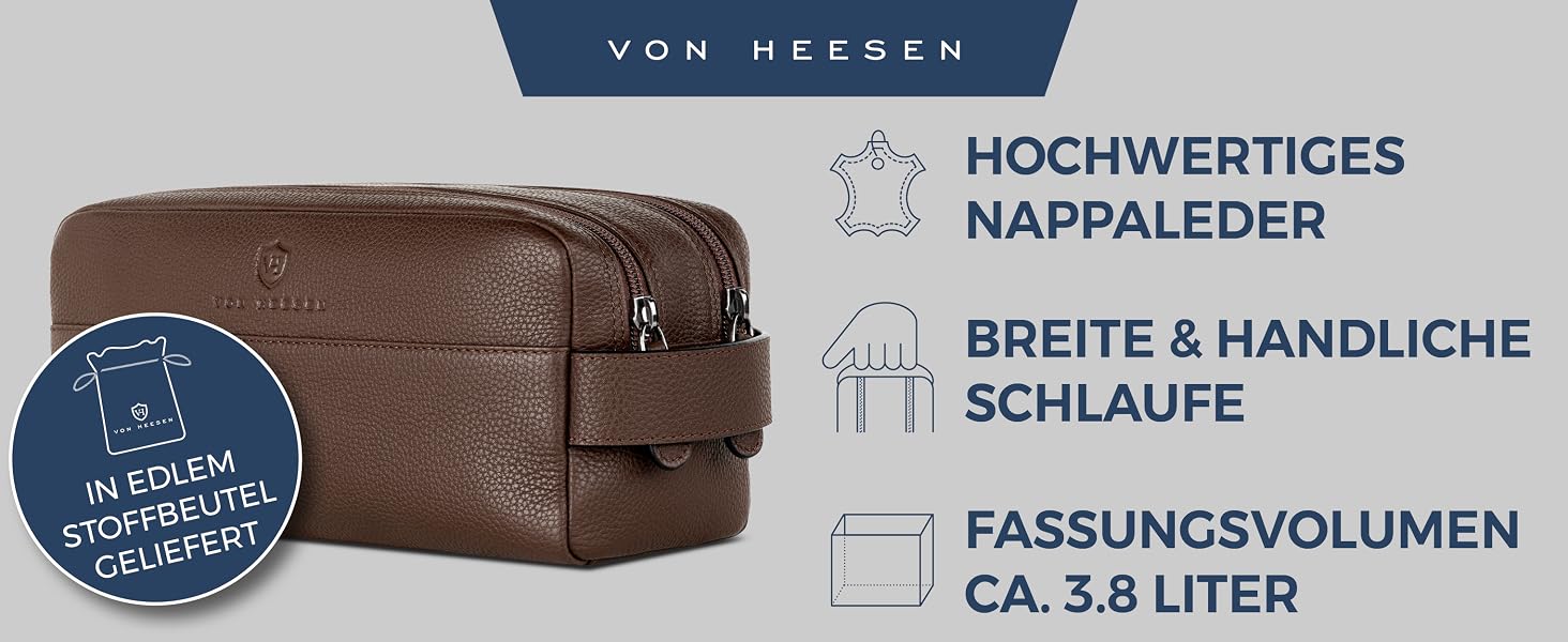 Шкіряна косметичка для подорожей VON HEESEN — універсальна сумка для гігієни та аксесуарів з натуральної шкіри, 2 основних відділення, темно-коричнева, великий розмір