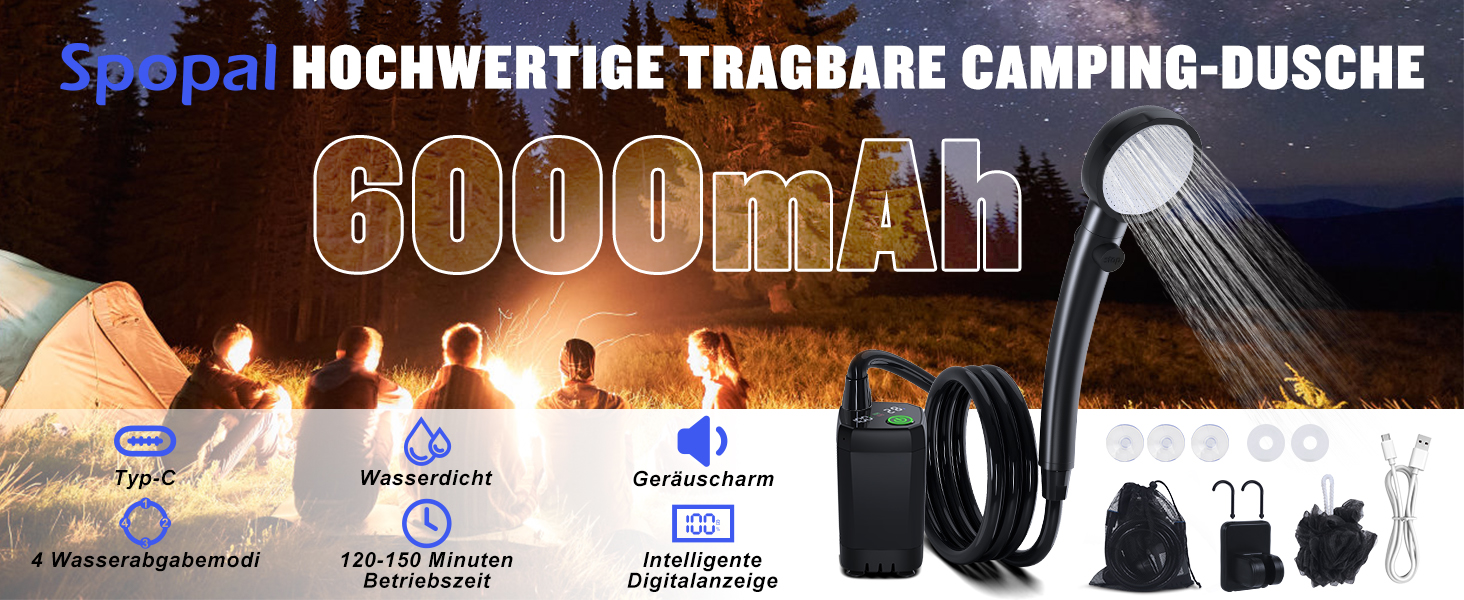 Портативний душ Spopal для кемпінгу, 6000mAh, з помпою та термометром, комплект для саду, авто, пляжу, подорожей, домашніх тварин, чорний