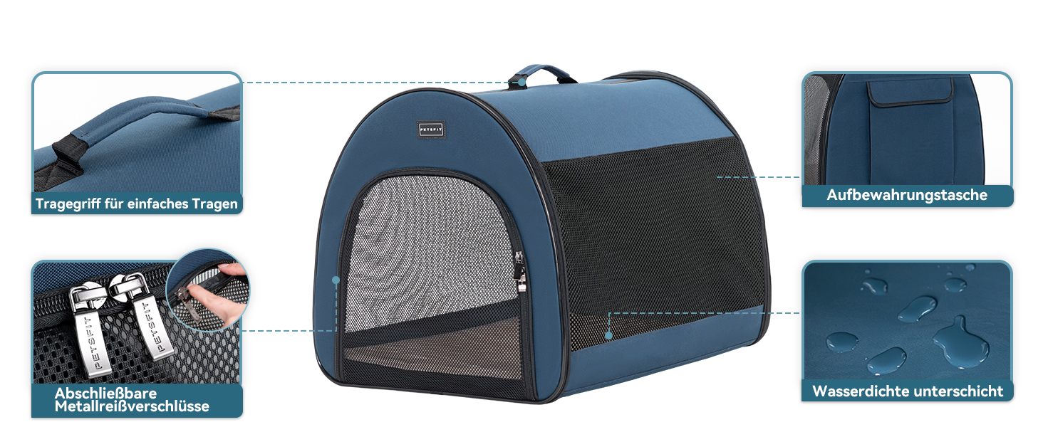 Складана переноска для собак Petfit для маленьких собак і котів, портативна та дихаюча переноска для дому з вигнутим дахом, переноска-ліжко для собак з анти-відкриваючим блискавкою та подушкою (Блакитний, S)