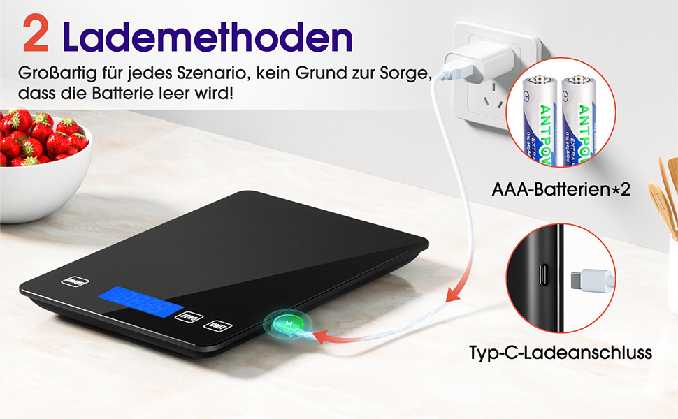 Кухонні ваги цифрові 15 кг, перезаряджувані, з LCD-дисплеєм та функцією тарування, водонепроникні, преміум-якість, чорний/білий