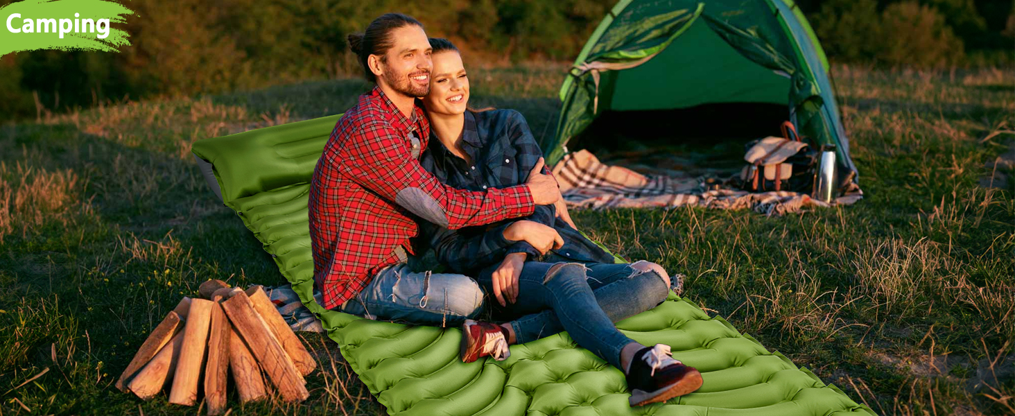 MEIJO Килимок для кемпінгу самонадувний, ізомат, туристичний килимок для сну, легкий, з насосом, для відпочинку на природі, у наметі, на пляжі, блакитний & сірий (зелений & сірий)