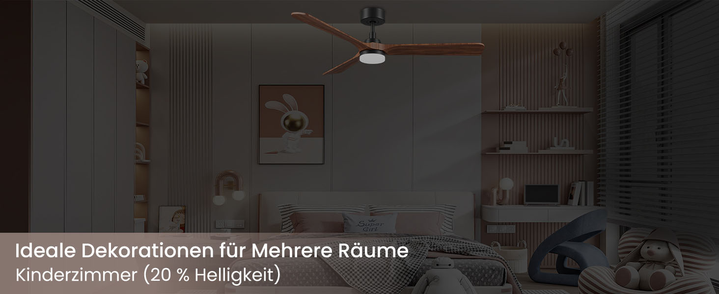 Стеляний вентилятор з дерева з підсвічуванням, 90 см, тихий DC-двигун, 6 швидкостей, пульт з пам'яттю, таймер, 24W LED, регулювання яскравості