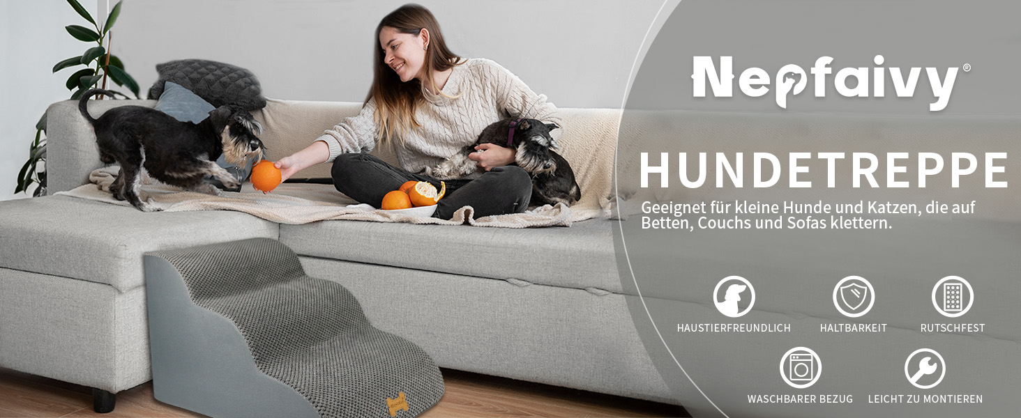 Сходинки для собак Непфайві: 3 сходинки, сірі, 60x40x40 см. Зручні для маленьких собак, знімний, пральний чохол, антиковзаюче покриття
