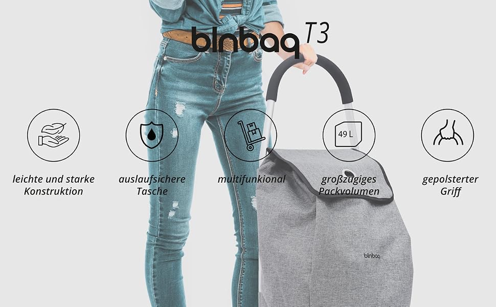 Складаний візок-шопер blnbag Shopper T1 для покупок, легкий екіпаж з алюмінієвим каркасом та сумкою на колесах, 49 л, висота 98 см