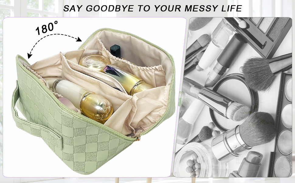 Жіноча косметичка для подорожей з великим об'ємом, водовідштовхуюча, з перегородками, органайзер (кремовий персик, світло-зелений)