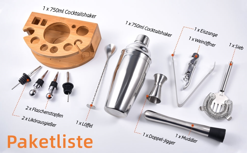 Набір шейкер для коктейлів Esmula 750 мл, 12 предметів, з рецептами, з нержавіючої сталі