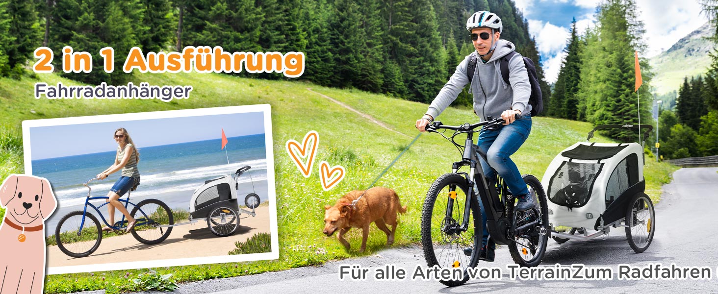 PawHut 2-в-1 Причіп для собак, велосипедний причіп для собак, візок для собак з відбивачами, прапором, причіп для собак PawHut, візок для собак, Oxford-тканина білий/чорний