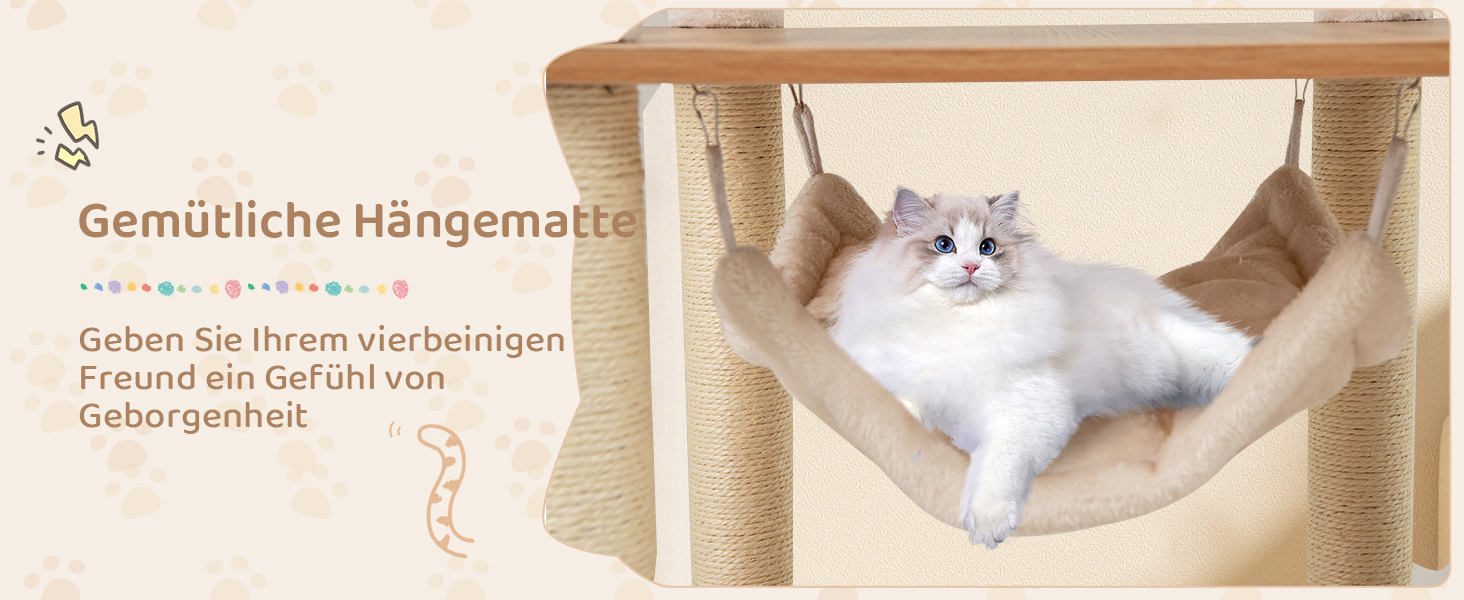 Кігтеточка для котів COSTWAY 168 см, дерев'яна, багатоярусна з будиночком, драбиною, лежаками та іграшками, бежево-коричнева