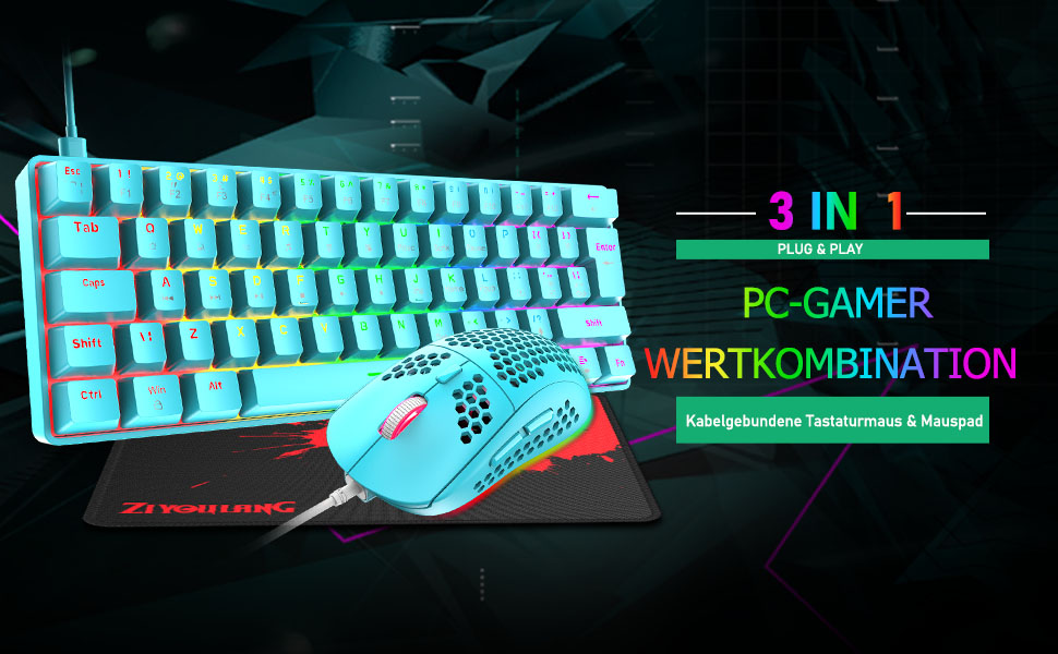 Ігрова клавіатура та миша UK-Layout з підсвічуванням RGB, 62 клавіші, механічна, 6400 DPI (чорний/червоний перемикач)