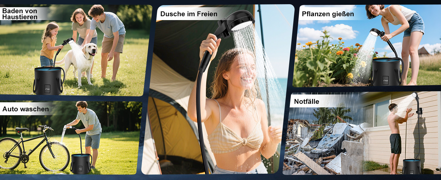 Портативна душова кабіна WADEO з акумулятором, насосом та підсвічуванням, 120 хвилин роботи, LED-підсвічування, комплект мобільної душової з 2м шлангом, душовою насадкою, тримачем та відром для душу, для саду, миття авто, тварин, пляжу, подорожей, чорного кольору, з відром на 20л