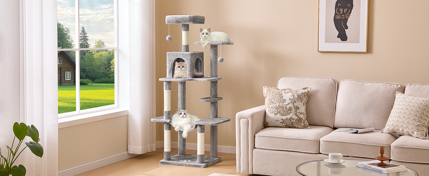 Кігтеточка для котів MSmask велика, багатоповерхова з платформами, гамаком та сизалевими стовпами (світло-сіра)