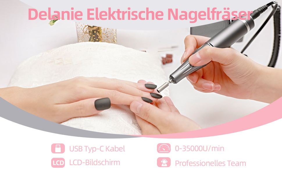 Електричний фрезер для манікюру та педикюру Delanie з акумулятором, 35000 об/хв, для гелю, акрилу та видалення кутикули, з LED-дисплеєм, USB-зарядка (сірий)