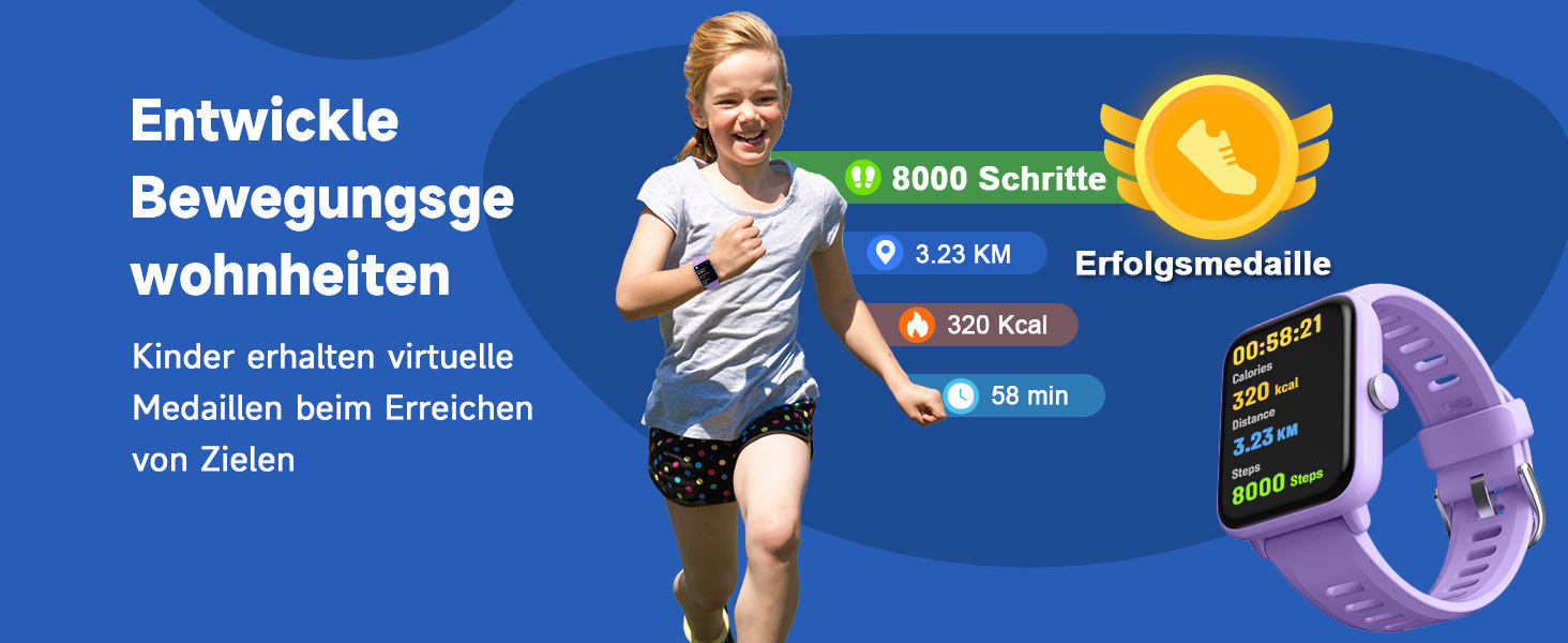 Смарт-годинник BIGGERFIVE для дітей, фітнес-трекер з пульсометром, крокомером, монітором сну, будильником та іграми, 1.5' HD-сенсорний екран, водонепроникність 5ATM, для дівчаток 3-14 років, колір: фіолетовий