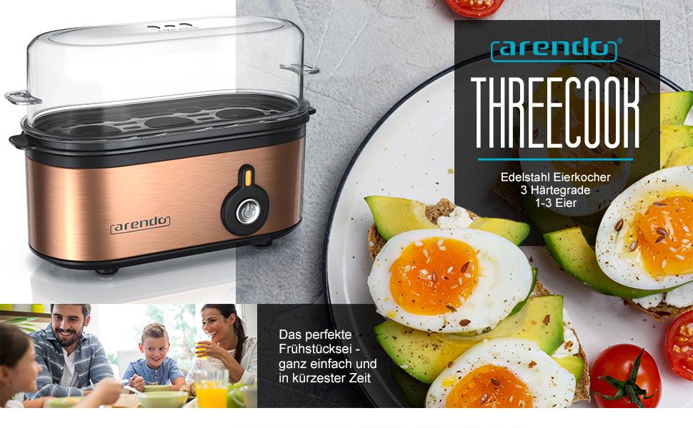 Електричний яйцеварка Arendo Threecook з нержавіючої сталі - 1-3 яйця, регулювання ступеня готовності, BPA-free, GS-сертифікат