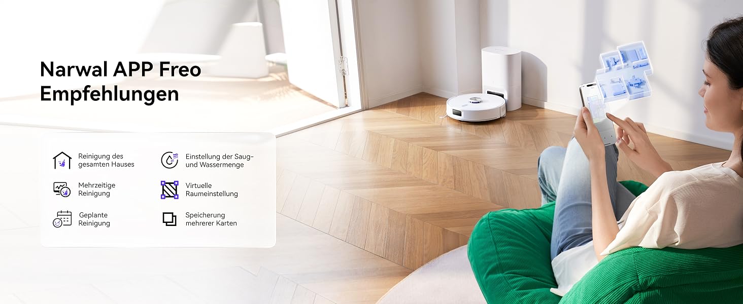 Робот-пилосос NARWAL Freo S з функцією миття підлоги, 8000Pa, 8N тиск, станція самоочищення 3.5L, LDS-лазерна навігація та 3D-картування, керування через додаток, для килимів/шерсті домашніх тварин