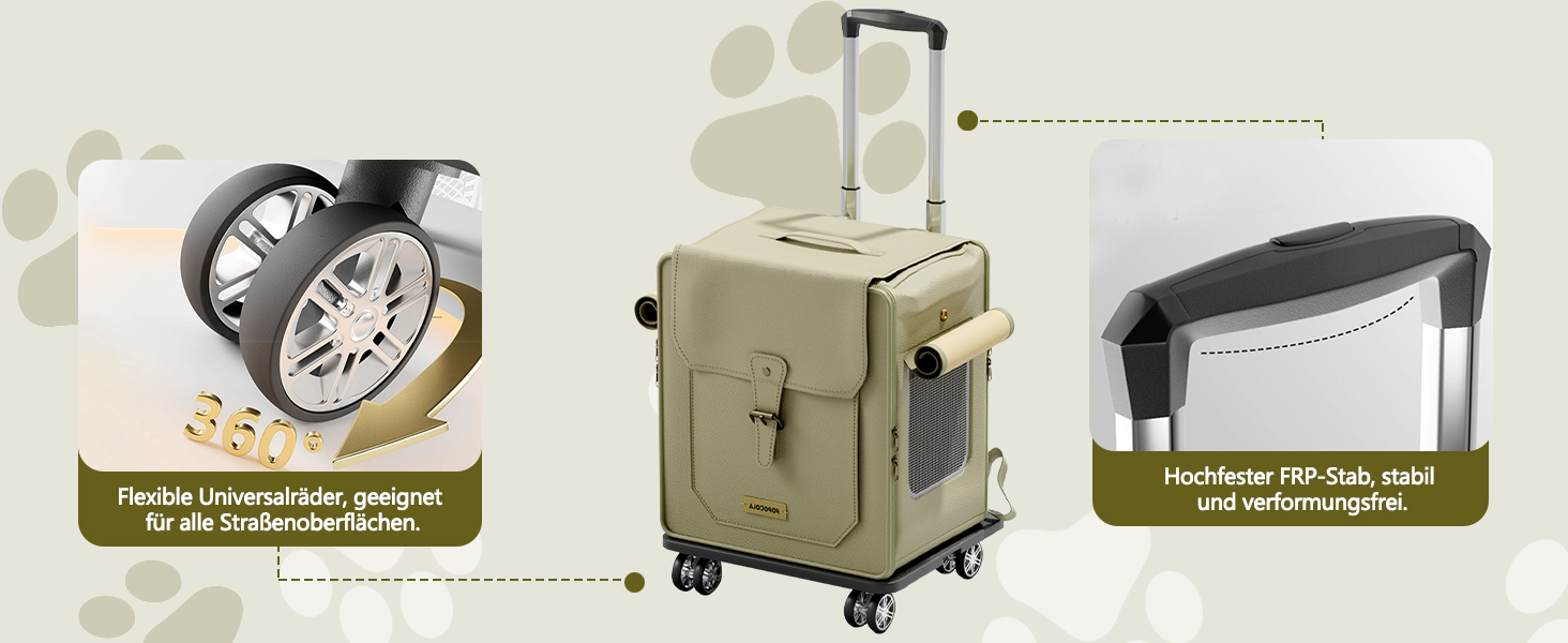 Рюкзак для тварин Galatée з колесами, візок для домашніх тварин, сумка для подорожей з собакою з знімними колесами, рюкзак для собак з вентиляційними вікнами з сітки (зелений)