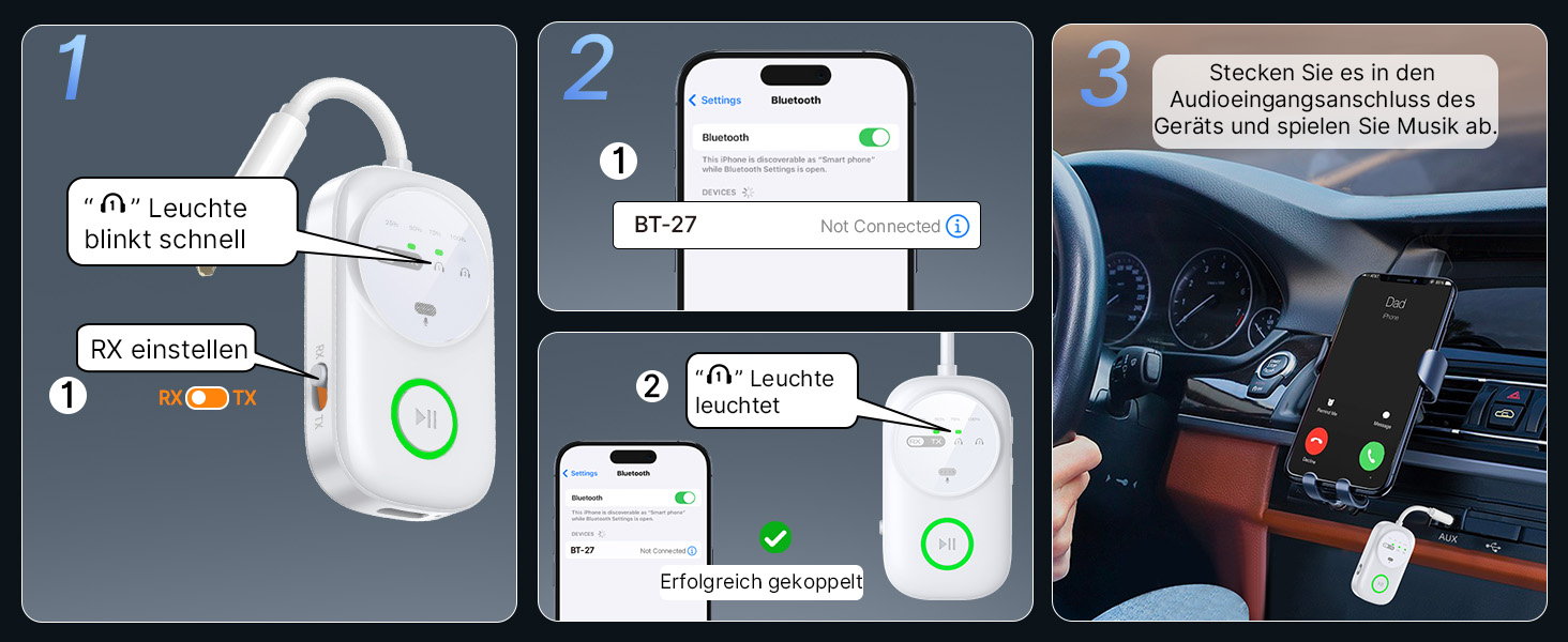Bluetooth 5.4 адаптер 2-в-1 (передавач та приймач) для навушників, ТВ, ПК та авто, з мікрофоном та роз'ємом 3.5 мм, білий
