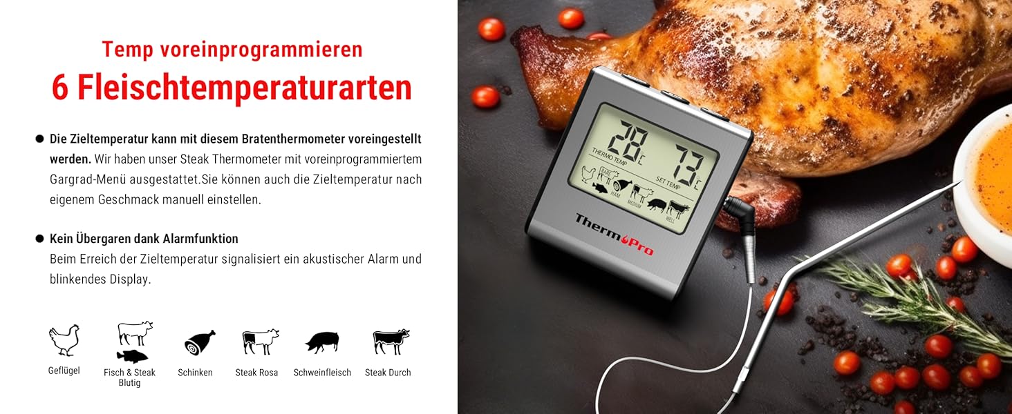 Термометр для м'яса ThermoPro TP16: цифровий, з таймером, для приготування на грилі, мангалі, духовій шафі