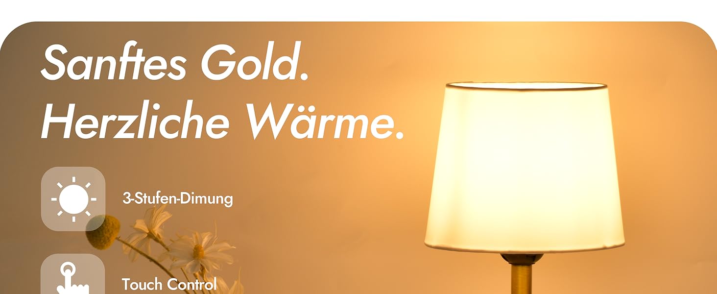 Бездротова настільна лампа з акумулятором 4000mAh, тепле світло 2700K, сенсорне управління, з адаптером/кабелем, для спальні, подарунок (золотиста)