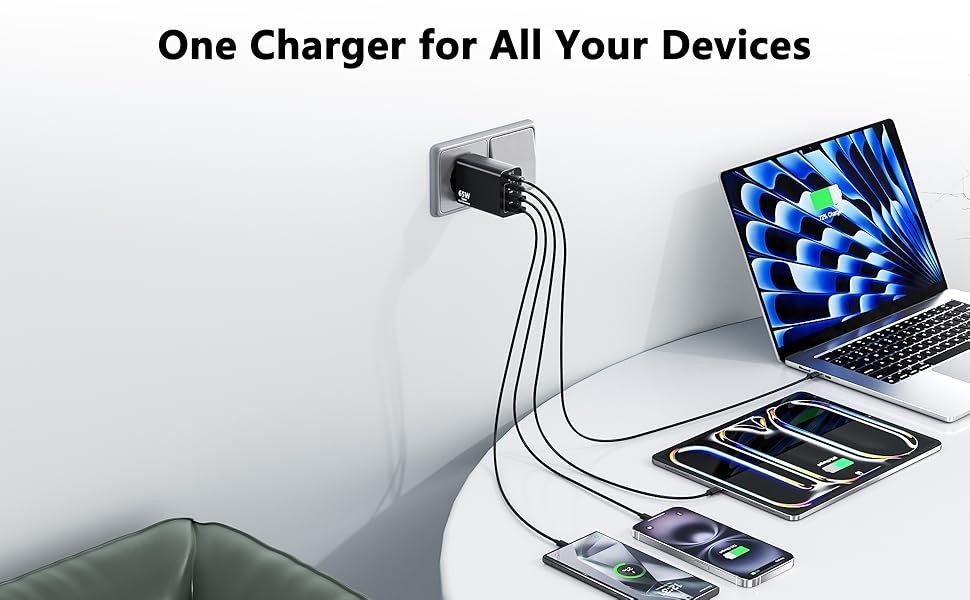 Зарядний пристрій USB-C 65W з кабелем, GaN 4-порти, швидка зарядка для MacBook, iPad, iPhone 15/16 Pro Max, Samsung Galaxy S23/S24 (2м USB-C - USB-C, чорний)