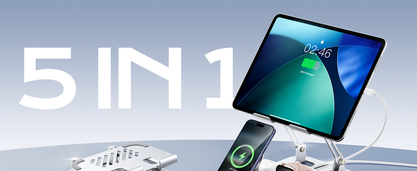 Універсальна індукційна зарядна станція Meifigno 5-в-1 з USB-C 30W для пристроїв Apple, срібляста