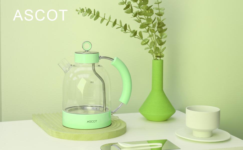 Електричний чайник ASCOT зі скла та нержавіючої сталі, 2200W, 1.5L, без BPA, тихий, швидкий, бездротовий, з захистом від сухого кипіння та автовимкнення, білий (світло-зелений)