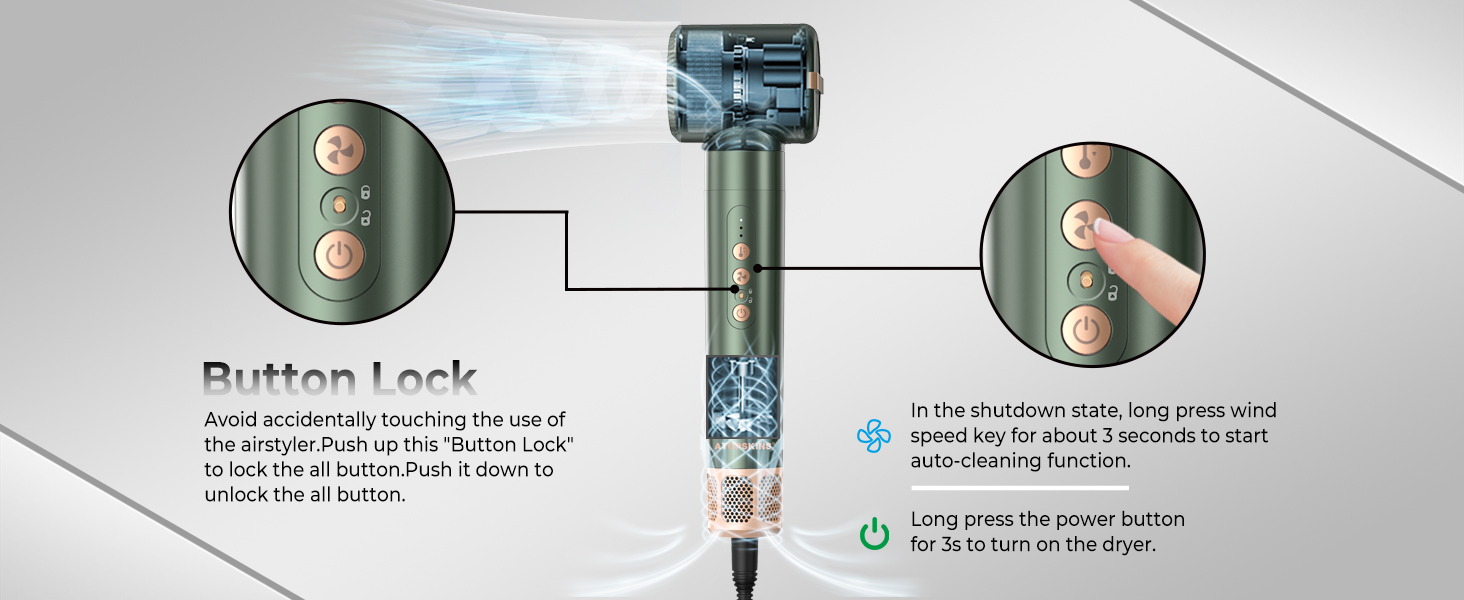 Airstyler Pro 7-в-1: Фен-щітка, плойка, випрямляч, стайлер для волосся Atopskins, 11000 обертів, з насадкою-дифузором, для створення об'єму, локонів та випрямлення, зелено-золотий
