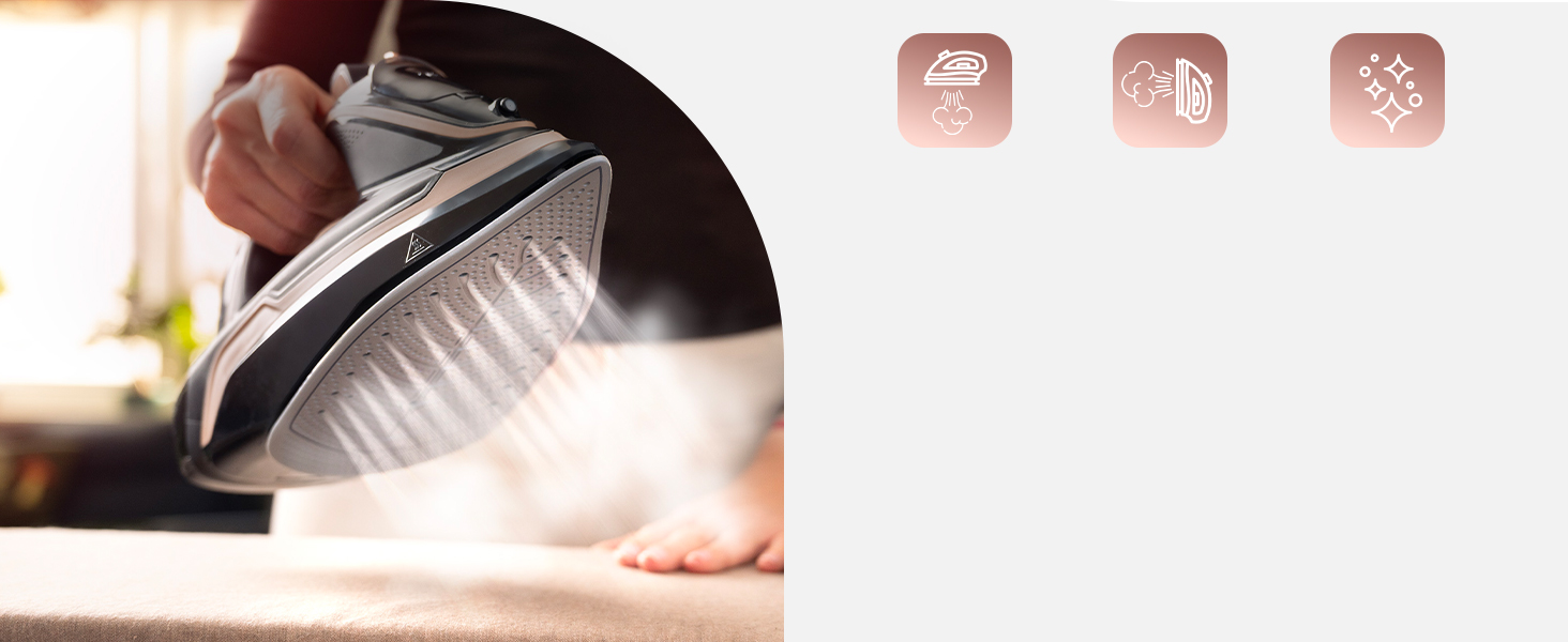 Парове прасування LEHMANN бездротове з базою для зарядки, регулювання температури та 5 програм, керамічна підошва, вертикальний пар, автовимкнення, чорний/рожеве золото