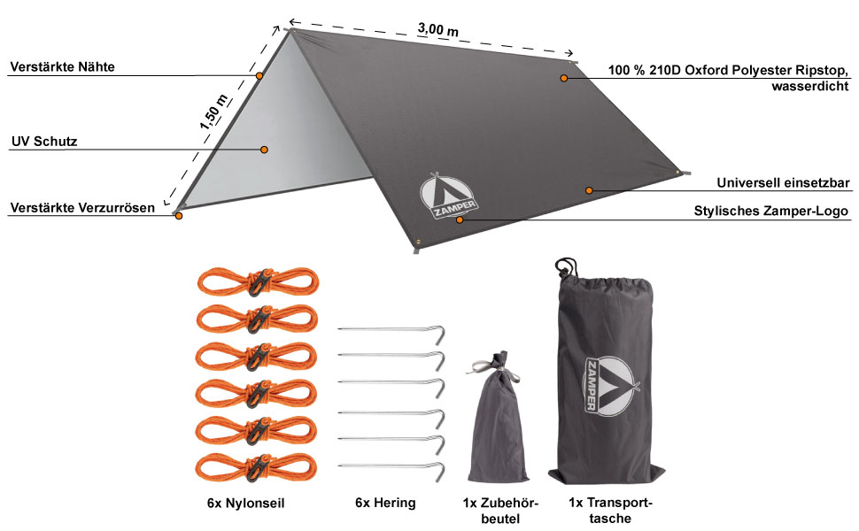 Тент Zamper Zelt-Plane 3x3м водонепроникний – сонцезахисний тент для кемпінгу, захист від сонця та UV-променів, для відпочинку на природі та на пляжі, колір зелений (кава/сірий)