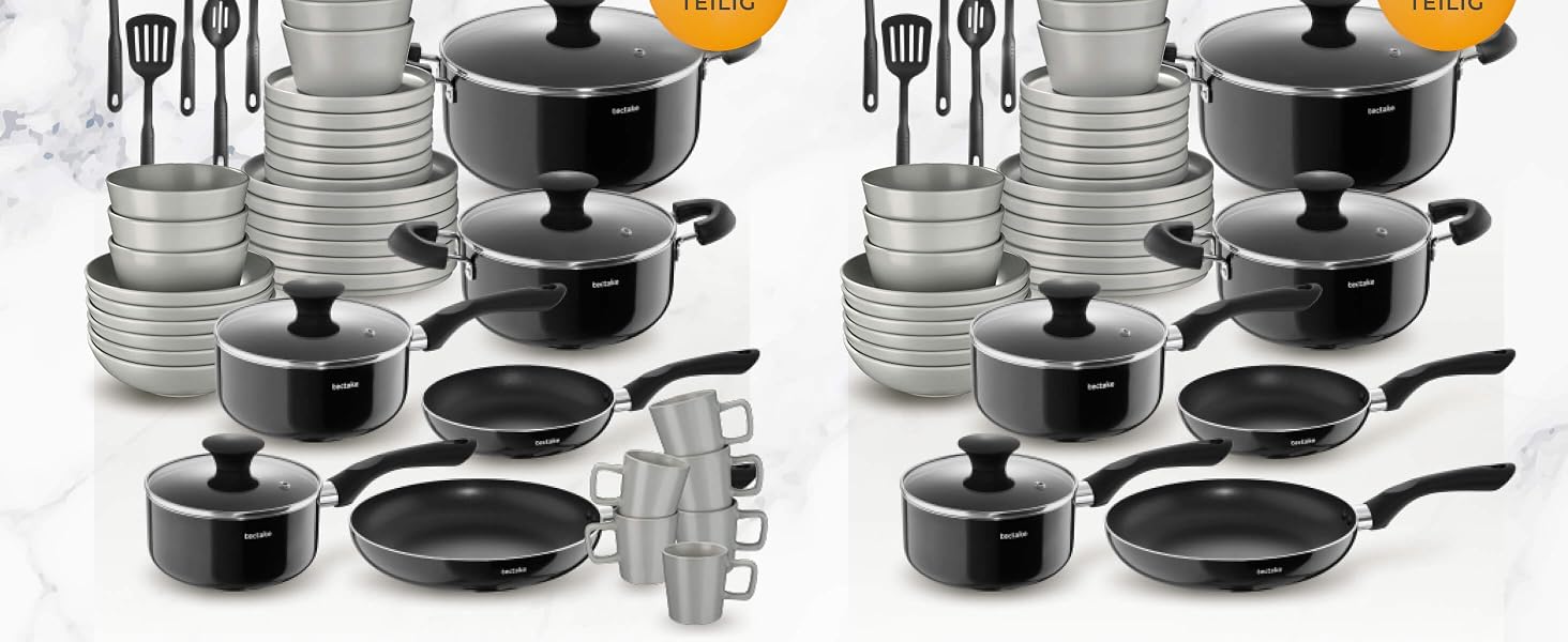 Набір кухонного посуду tectake на 6 осіб, 45 предметів: керамічний сервіз, набір каструль та сковорідок з нержавіючого алюмінію, кухонне приладдя, сіро-чорний колір