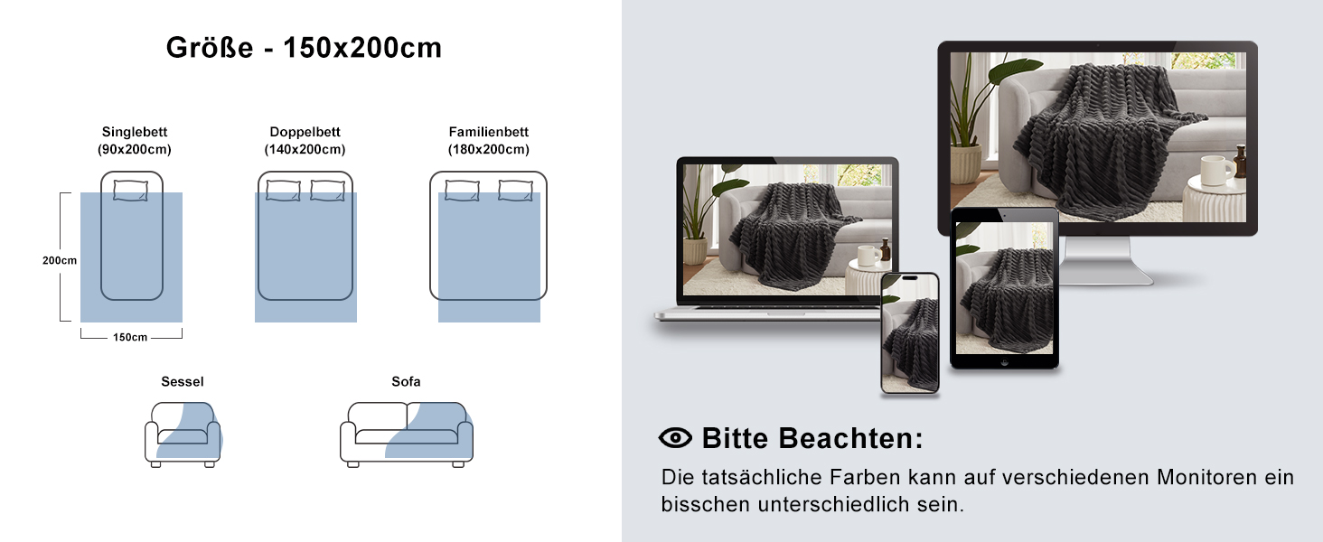 Плед WAVVE: м'який флісовий плед для дивану, софи, кімнати. 150 x 200 см, сірий