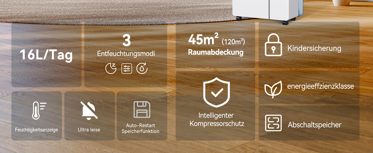 Електричний осушувач повітря Fwoueot 16L/24h для дому: осушувач з компресором для приміщень до 45 м², автоматичне відтанення, 3 режими, таймер 24 години, великий бак 2L, з колесами, для спальні