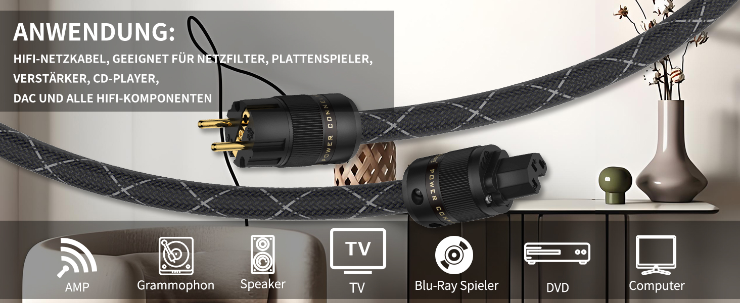 Hi-Fi мережевий кабель Tertullus OFC з роз'ємами Schuko та C15 для сабвуфера, підсилювача та AV-ресивера, 1.5м