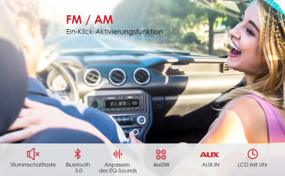 Автомобільна магнітола Bluetooth 5.0, FM/AM, 7 кольорів підсвічування, 1 DIN, стерео з 2 USB, AUX, MP3, підтримка iOS та Android, збереження 30 радіостанцій