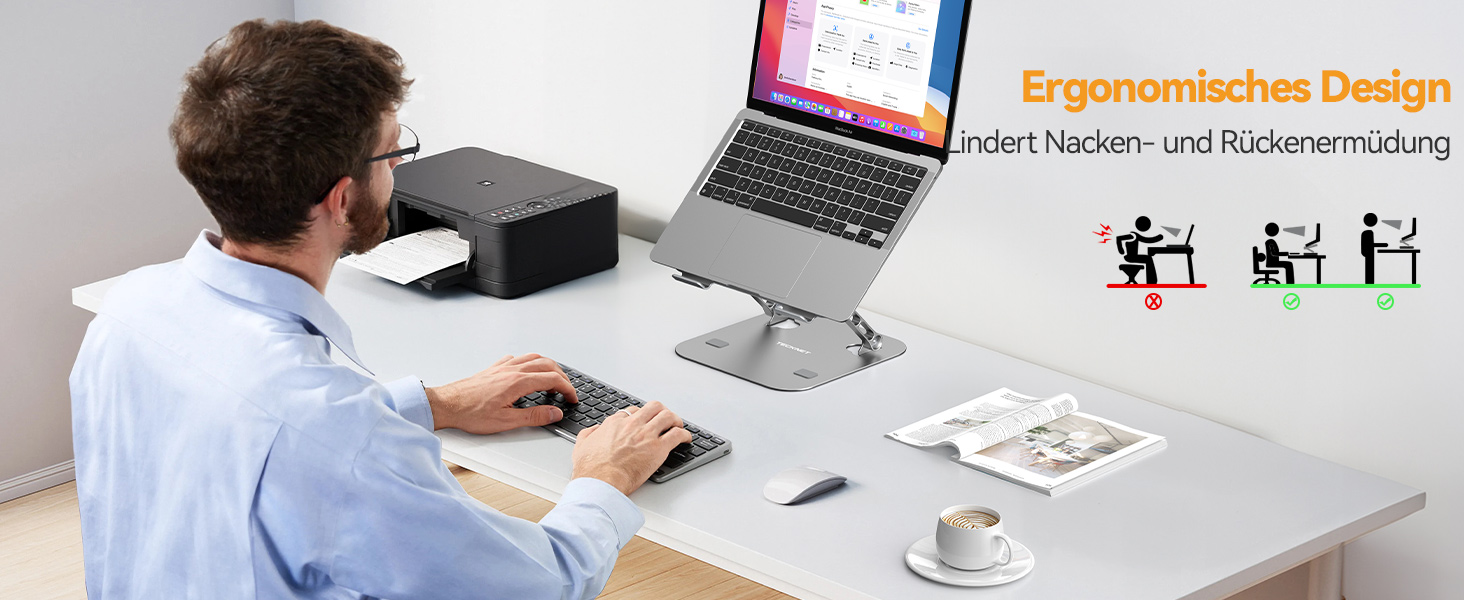 Підставка для ноутбука TECKNET регульована по висоті, ергономічна, складна, з вентиляцією, сумісна з 11-17.3 дюймами, для MacBook та планшетів (срібна)