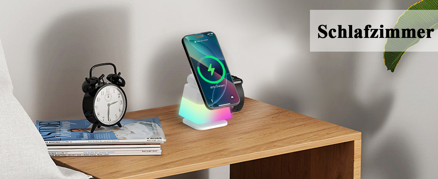 Бездротова зарядна станція 3-в-1 Minthouz Leap Cube 15E, швидка зарядка Qi 15Вт з багатокольоровою підсвіткою для iPhone 16, 15, 14, 13