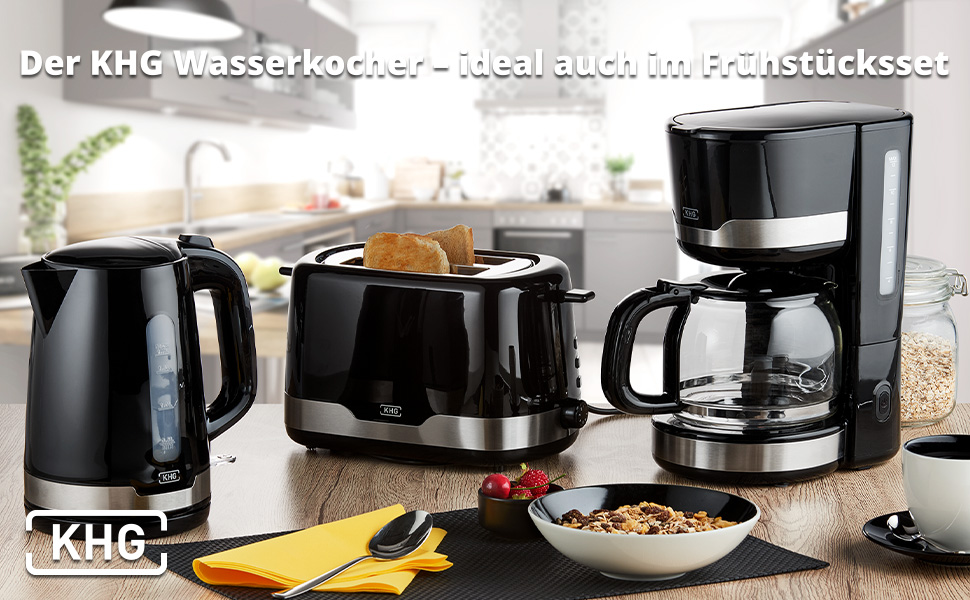 Електричний чайник KHG WK-1708 WE2 з нержавіючої сталі, 1.7 л, фільтр від накипу, індикатор рівня води, захист від сухого кип'яття, автоматичне відключення, прихований нагрівальний елемент, BPA Free, 2200 Вт (Чорний)