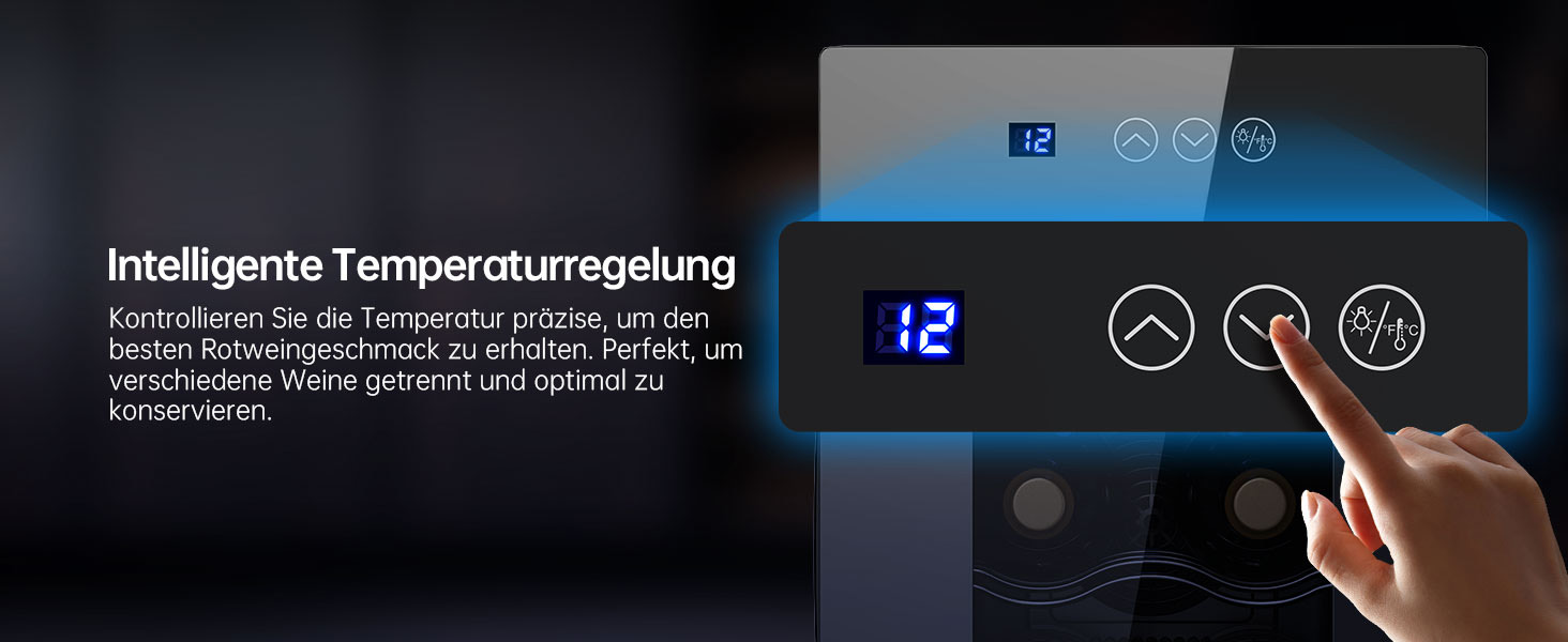 WIE 33 Liter Wine Fridge - 1 Zone Wine Cooler with Glass Door & LED Touch Panel - Mini Wine Refrigerator for 8 Bottles