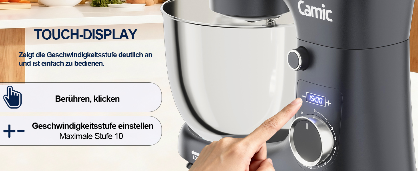 Кухонна машина Camic з LED-дисплеєм, 10 швидкостей, 3 насадками (діядовий, міксер, вінчик) та 2 чашами з нержавіючої сталі 4Л та 5Л для тіста, хліба та тортів, сіра