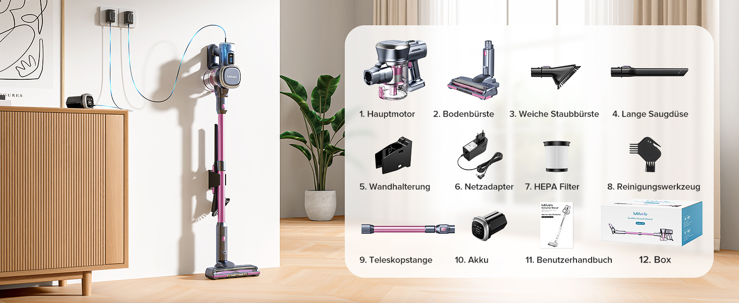 Бездротовий акумуляторний пилосос Lubluelu з LED-щіткою, HEPA-фільтром та потужністю 220W (25kPa). Час роботи до 50 хвилин. Підходить для твердих поверхонь, шерсті тварин та килимів. Колір: рожевий