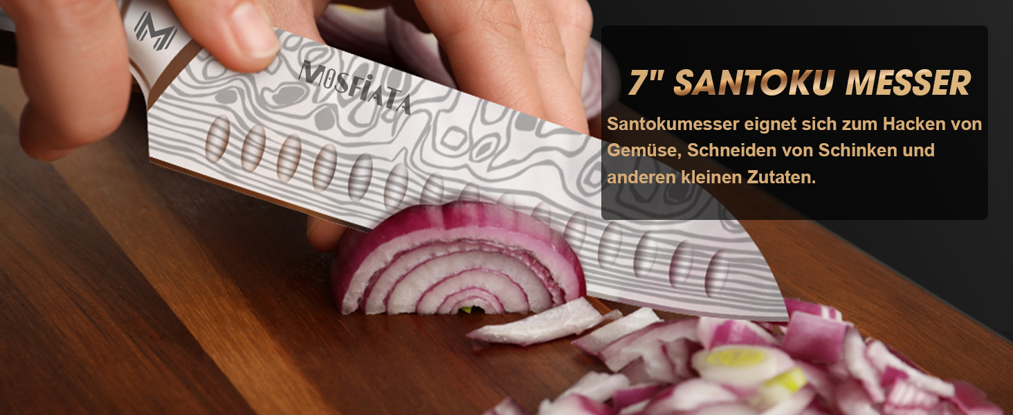 Набір кухонних ножів MOSFiATA, 5 шт. з нержавіючої сталі: кухонний, сантоку, універсальний, для хліба, для очищення з захистом пальців та подарунковою коробкою