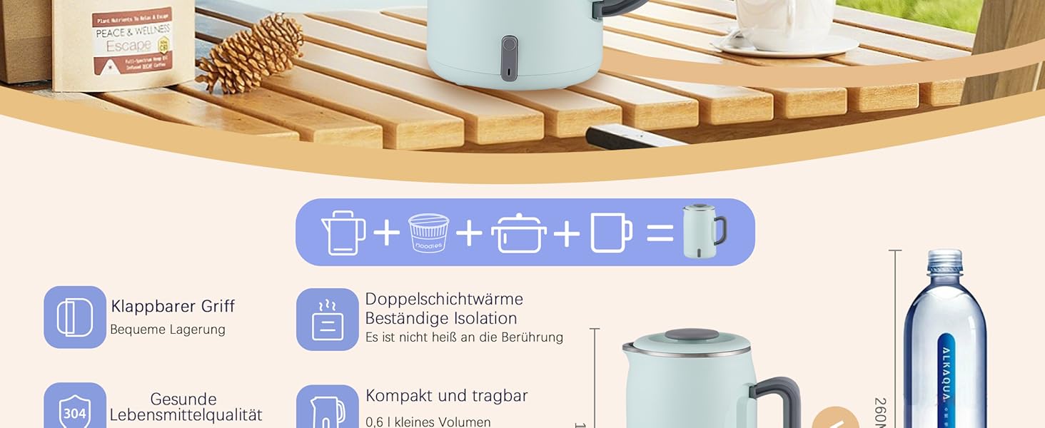Електричний чайник 0.9л з нержавіючої сталі 304, 1360W, швидке кип'ятіння за 4-6 хвилин, класичний компактний дизайн, кнопка вмикання в один дотик, автоматичне відключення та захист від перегріву, для дому, офісу та любителів кави (світло-зелений)