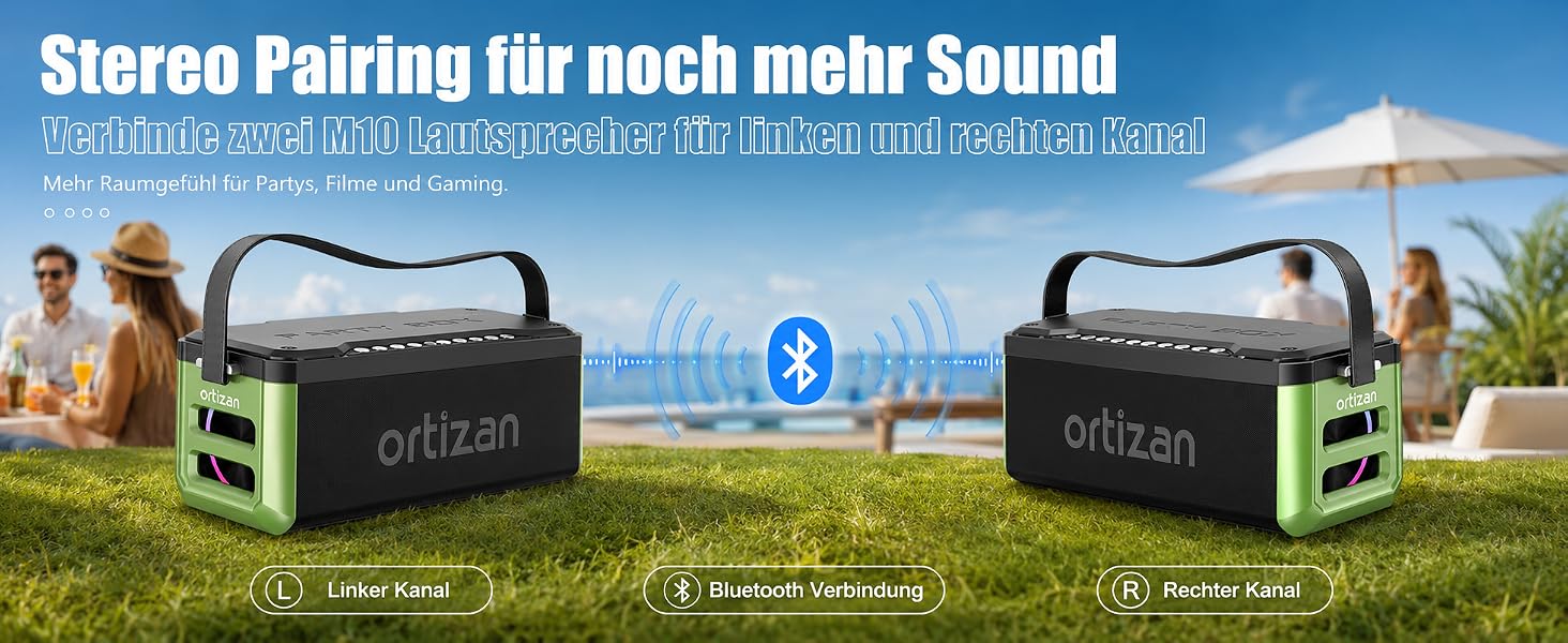 Ortizan Bluetooth колонка портативна 80 Вт, IPX7 водонепроникна, LED підсвітка, 12 год. роботи, Powerbank, стерео-з'єднання, зелено-чорна