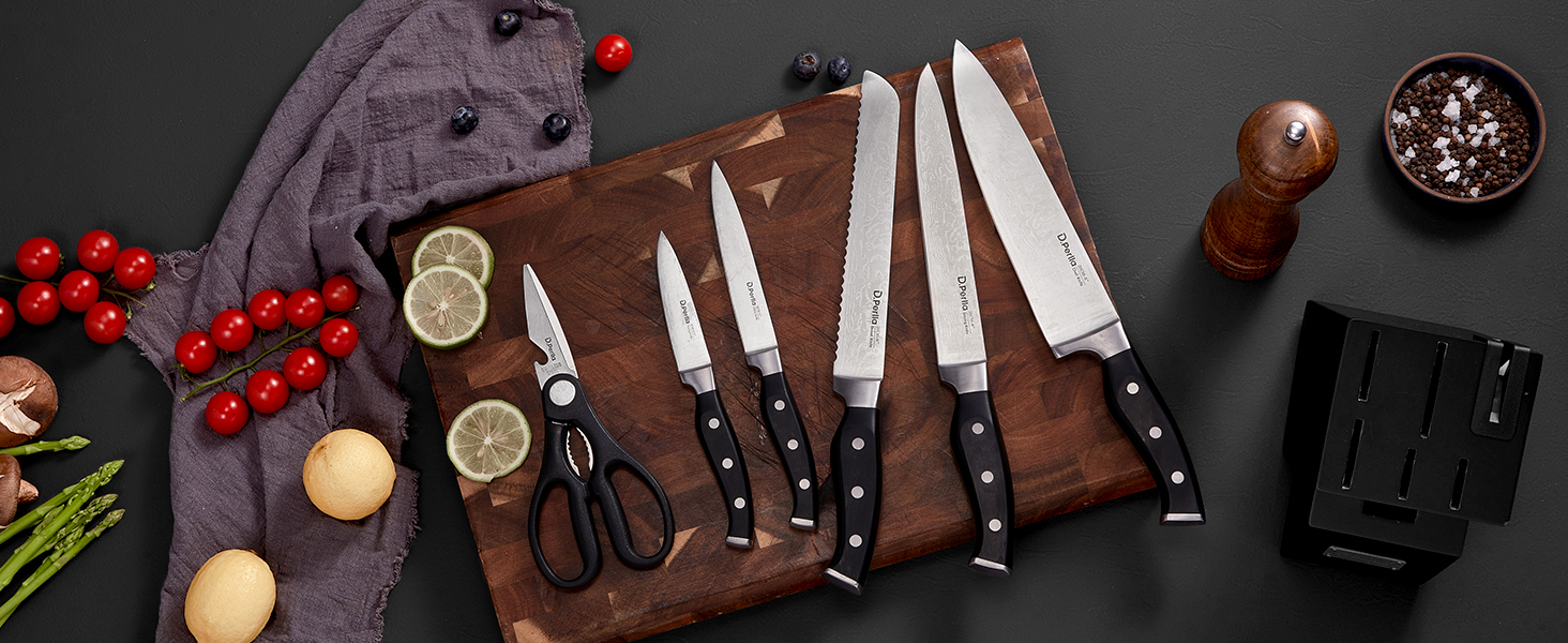 D.Perlla Self-Sharpening Knife Block Set - 7 Piece Stainless Steel Knife Set with Plastic Handle & Wooden Block - Professional Kitchen Knife Set, Black