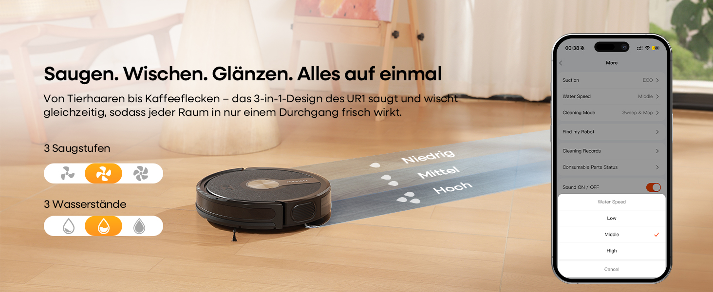 Робот-пилосос з функцією миття 5000Pa, 3-в-1 з часом роботи 180 хв, для тварин, з керуванням через додаток, чорний