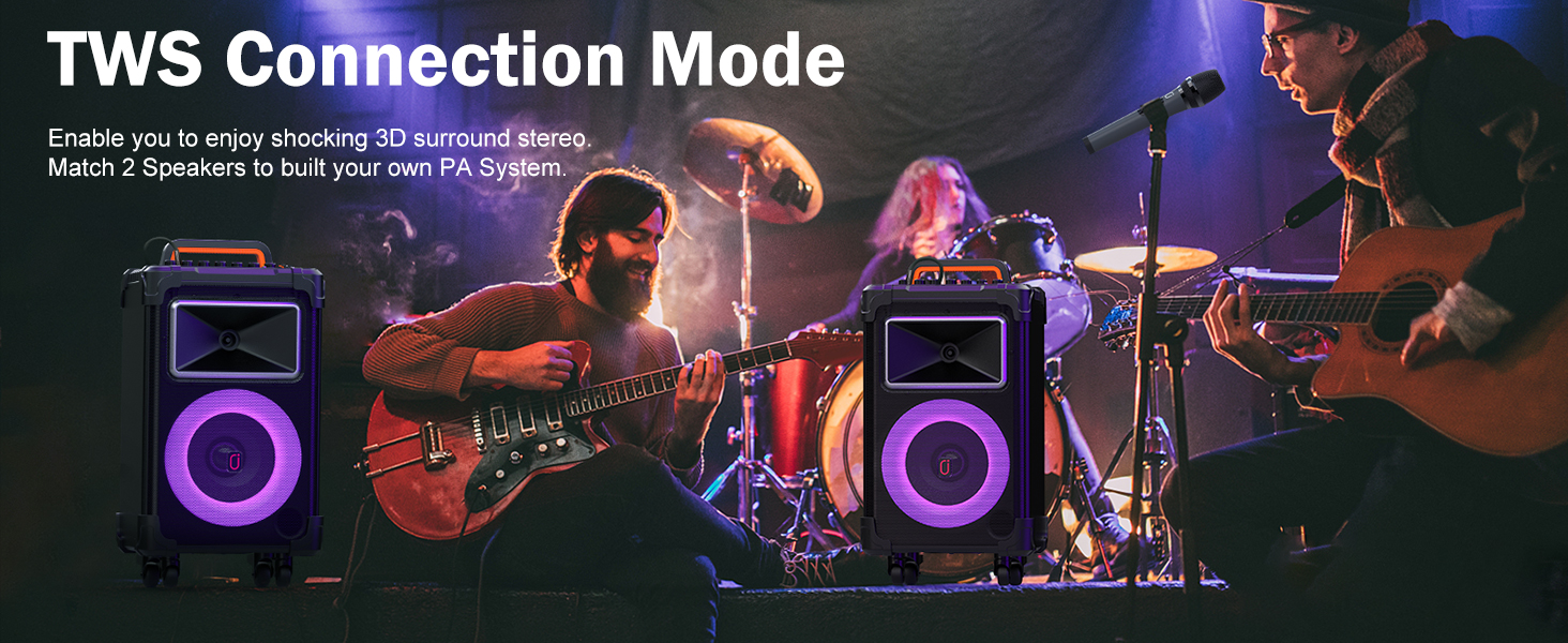 Караоке система JYX з 2 бездротовими мікрофонами, великим гучномовцем, Bluetooth, колесами та диско-світлом, сабвуфером PA, підтримкою TWS/USB/SD/AUX/Rec (Чорний)