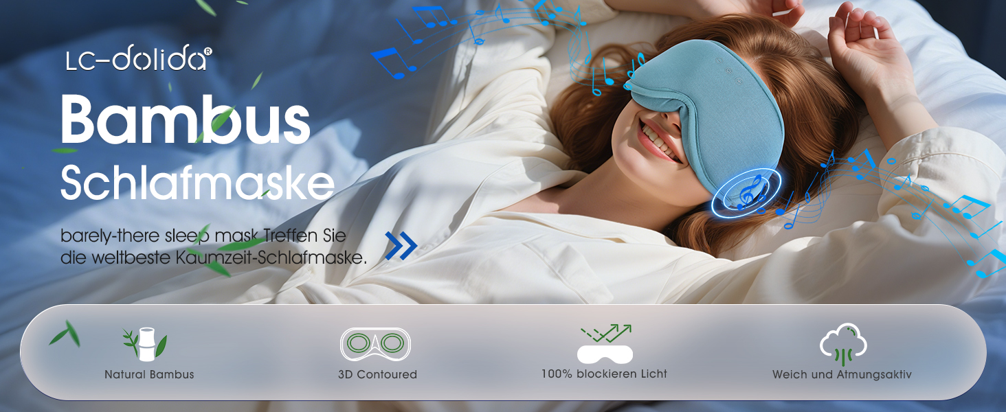 Маска для сну з навушниками Bluetooth Dolida, 3D бамбукова маска для очей з мікрофоном для жінок та чоловіків, зручна для сну на боці (Сіро-блакитна)
