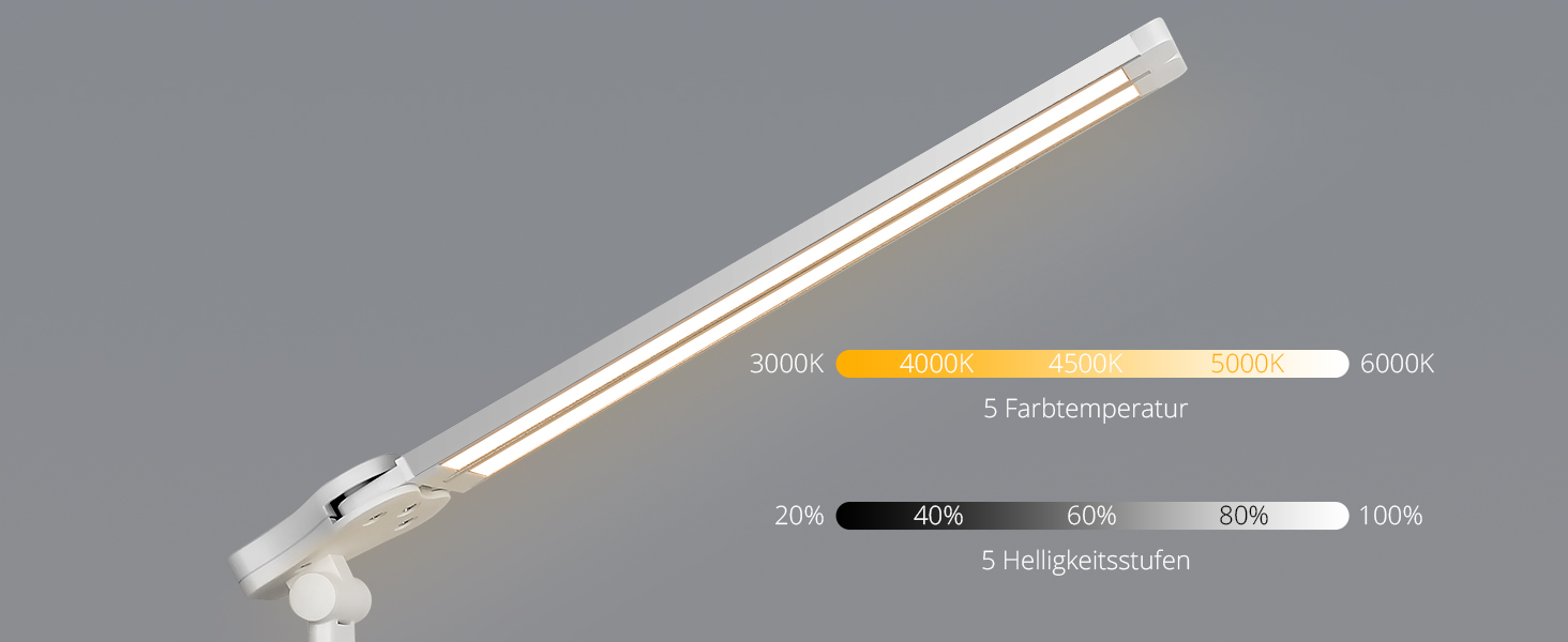 iVict LED лампа для столу з двома шарнірними руками, сенсорне керування, 5 режимів, таймер, USB-порт, пам'ять, для дітей, біла